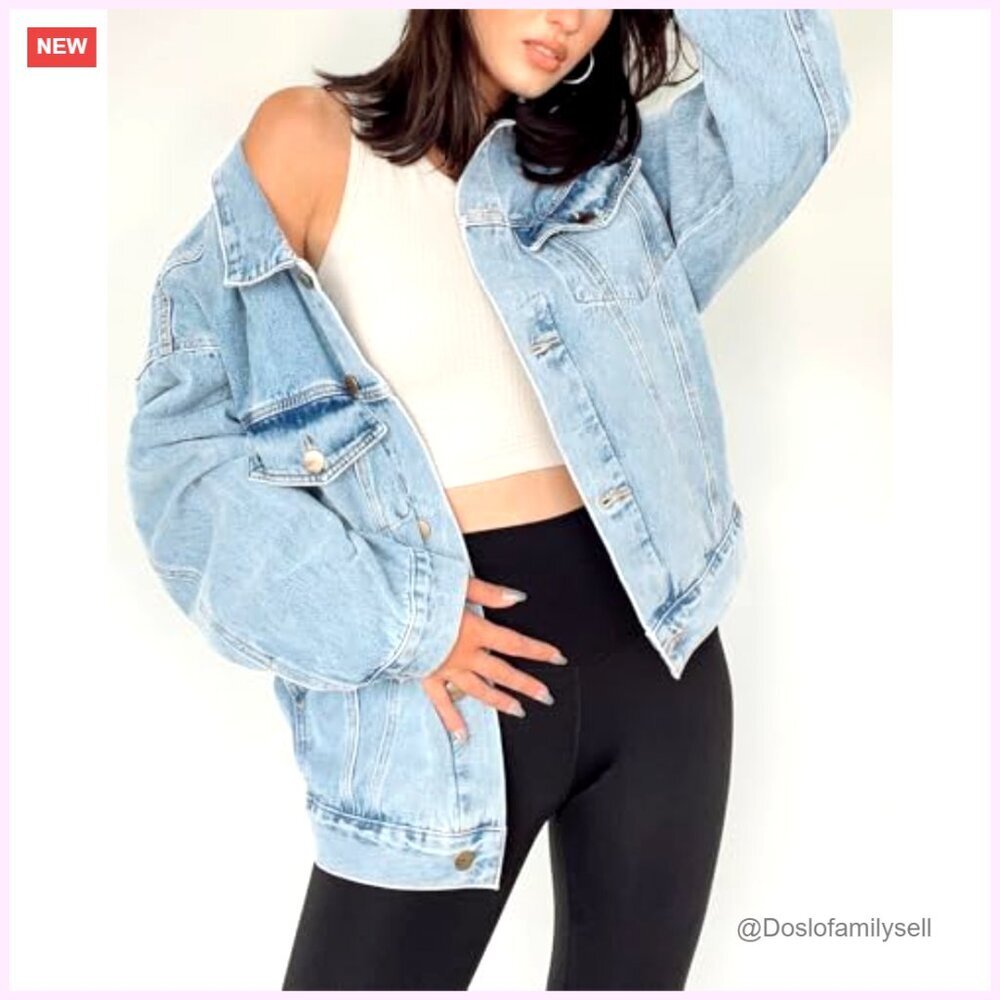 Oversized Denim Jacket Long Sleeve Button Down Trucker Shacket Women's - Picture 5 of 7